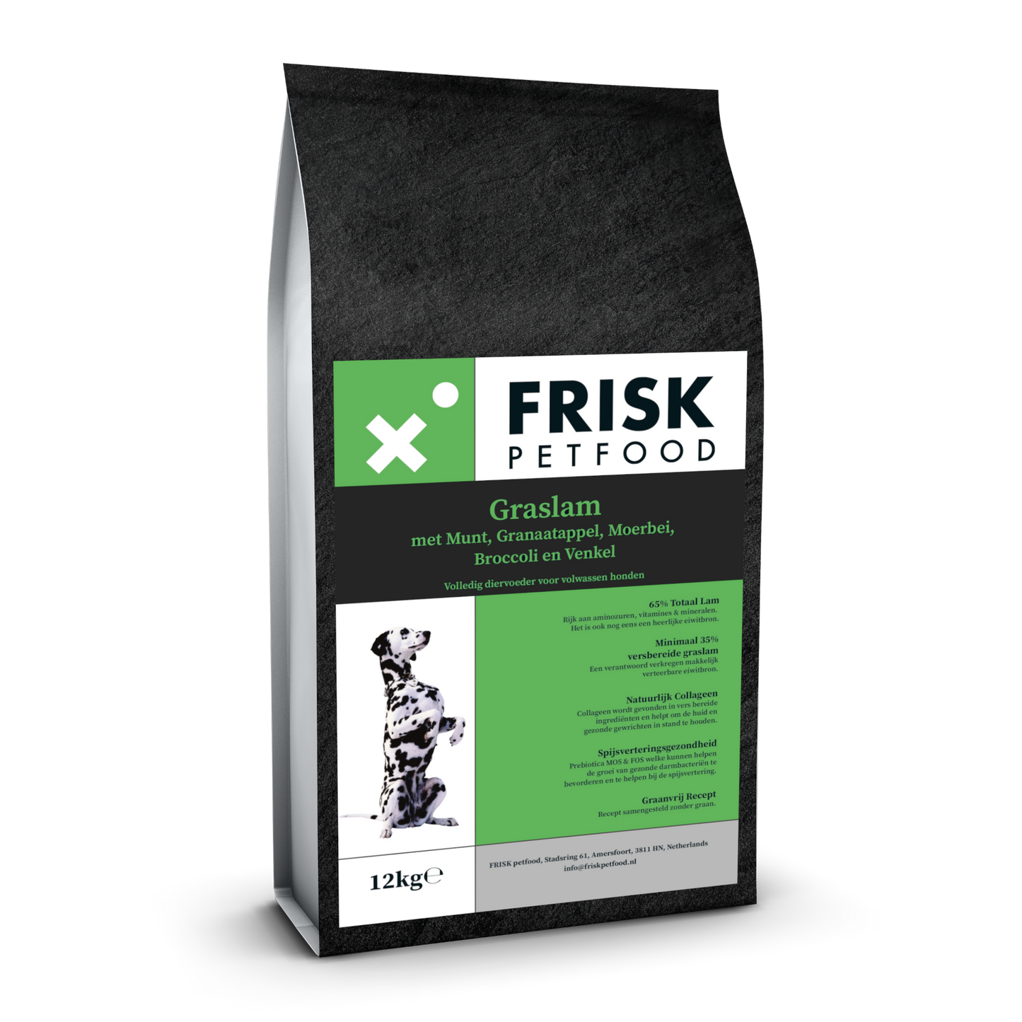 12 KG | FRISK Graslam met 5 superfoods: Munt, Granaatappel, Moerbei, Broccoli en Venkel voor volwassen honden