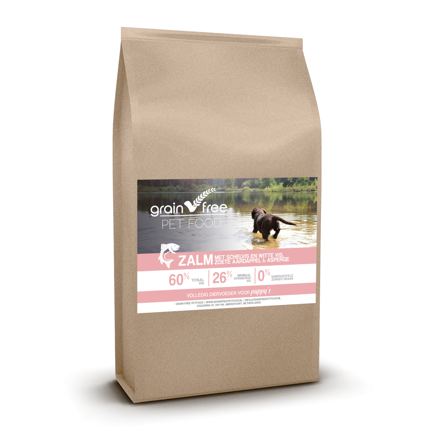 15KG Grain Free Petfood Graanvrije puppyvoeding | Zalm met Schelvis, Witte Vis, Zoete Aardappel & Asperge | Puppy
