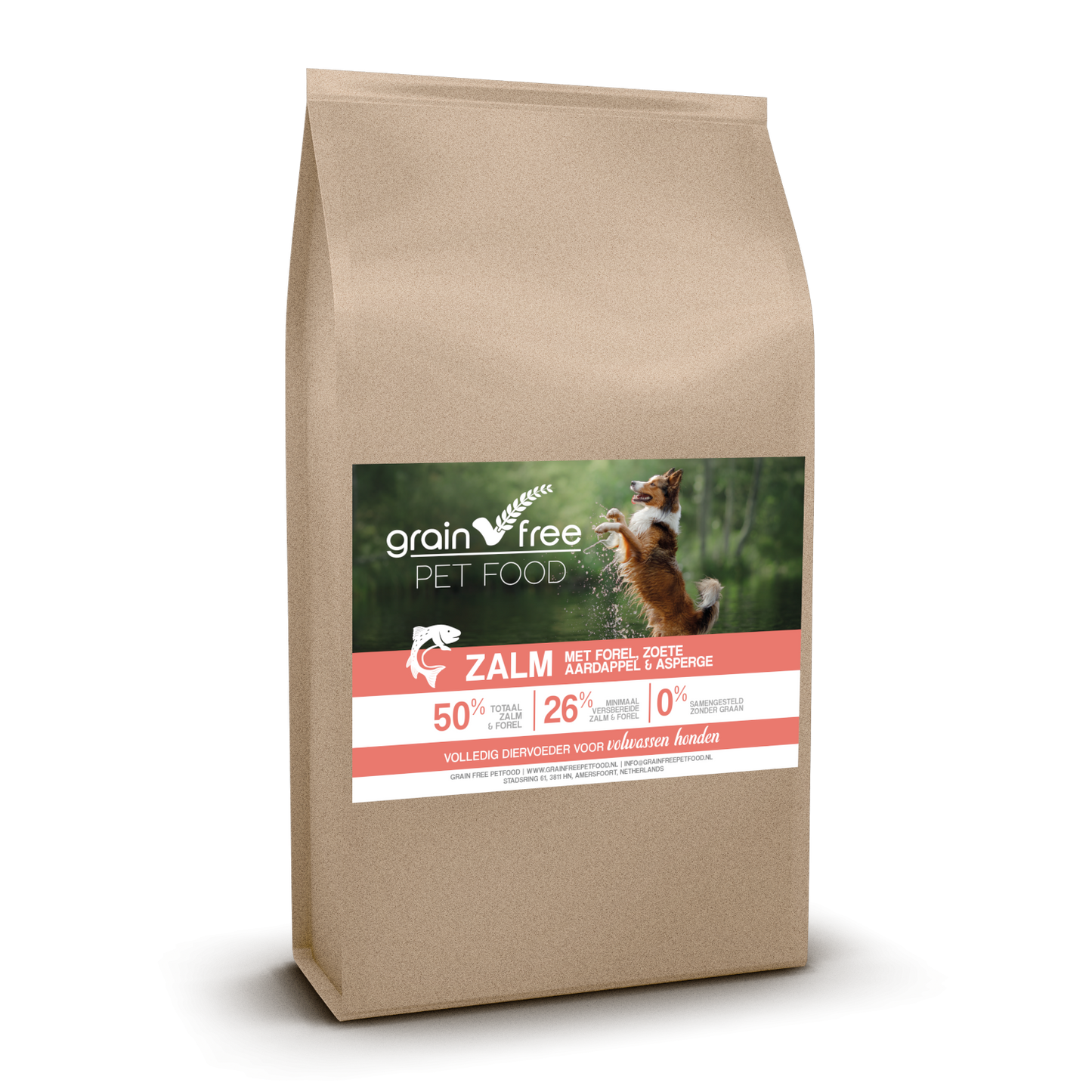 15 KG | Grain Free Petfood Graanvrije hondenvoeding | Zalm met Forel, Zoete Aardappel & Asperge | Volwassen hond